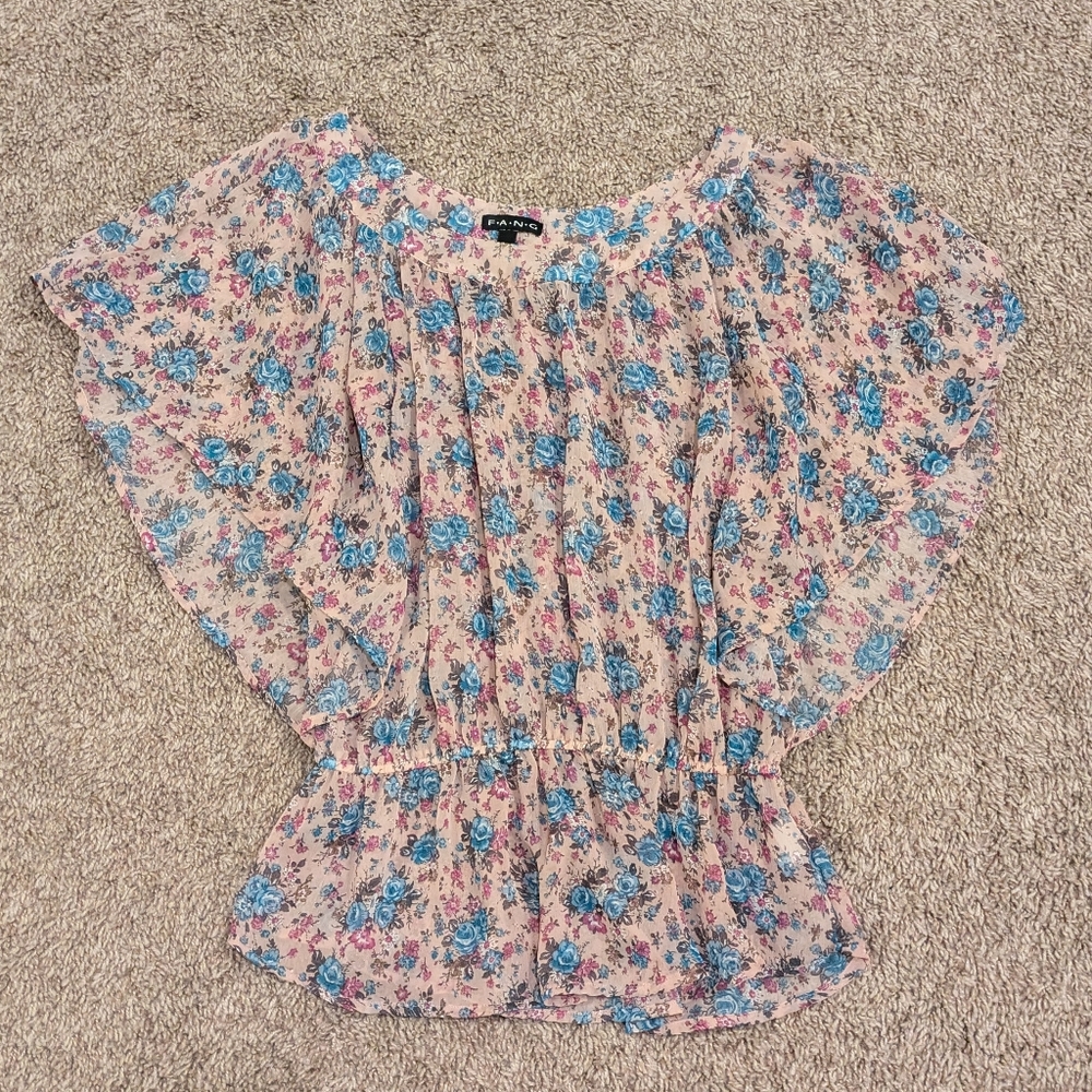 FANG all over floral flower print pink and blue sheer sleeveless cinched blouse